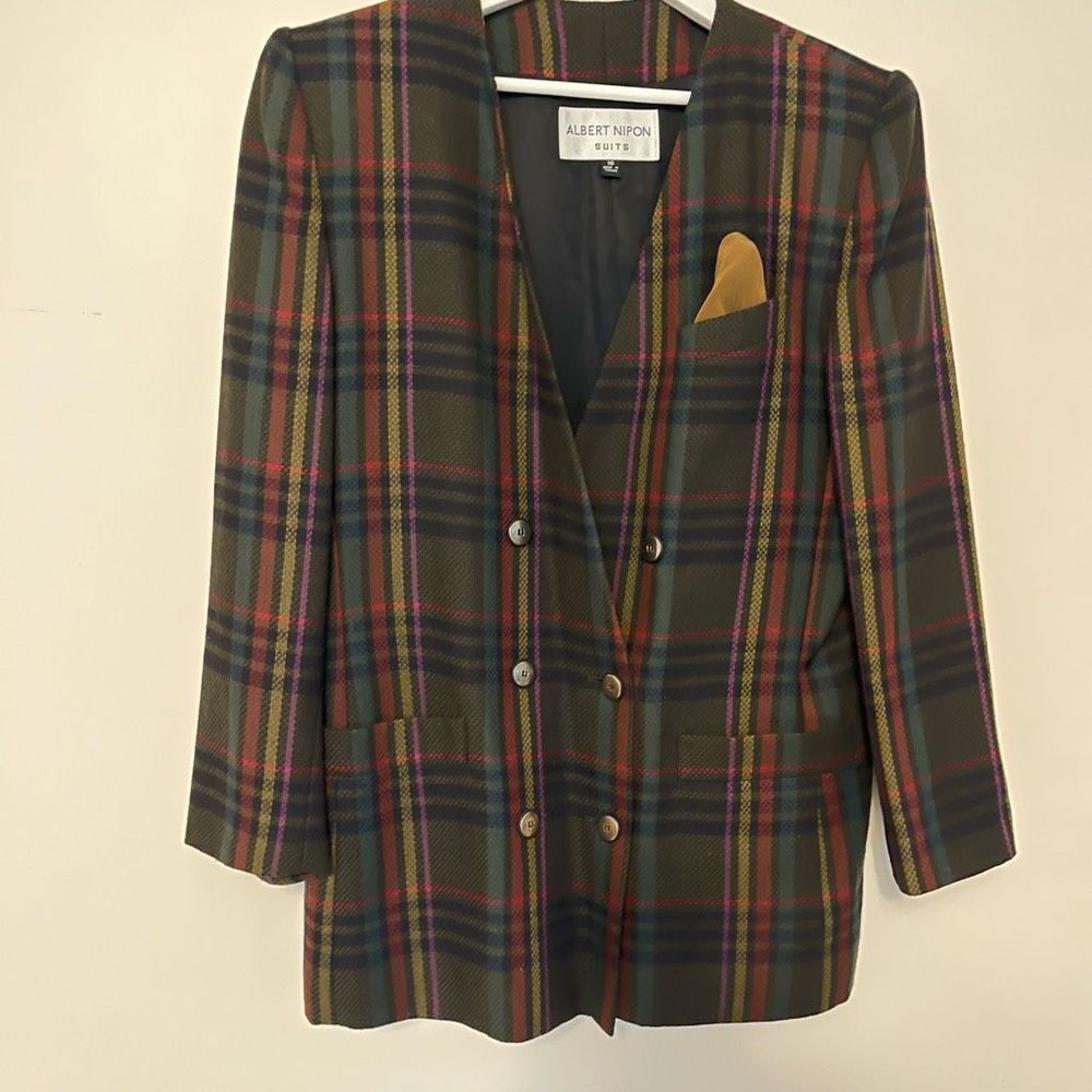 Vintage Albert Nipon Blazer Sz 16 Multi 100% Wool Double Button Plaid Jacket